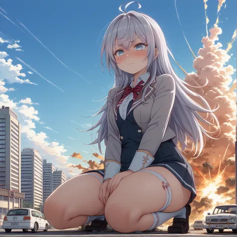 Shy Face、Female Giant、(1,000,000 kilometers long)、 、press your chest against the city、Destruction、Destruction、  Valley Emphasis、徹底的に街をDestruction、The building collapsed 、masterpiece、Best Quality、uncensored、((((big ))))、plump thighs、blazer after face、loafer...