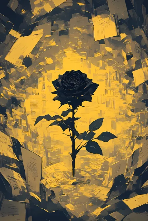 The image shows a single black rose placed on a background of numerous old, yellowed pages. The pages are filled with dense text, likely from a book or a document, and they are scattered randomly. The rose is centrally positioned, standing out against the ...