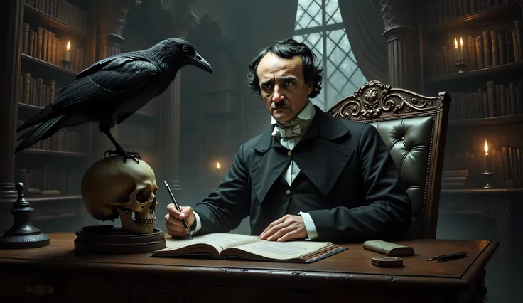 Edgar Allan Poe sitting at a desk in a Gothic library, a raven is perched on a human skull sitting on his desk, Gothic fantasy, high detail, masterpiece.