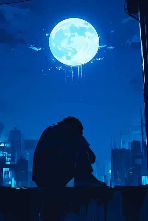 The image depicts a person sitting on a concrete ledge, facing downward and appearing to be in a contemplative or relaxed state. The individual is dressed in a dark shirt and pants, and is wearing sneakers. The setting is outdoors, under a large, full moon...