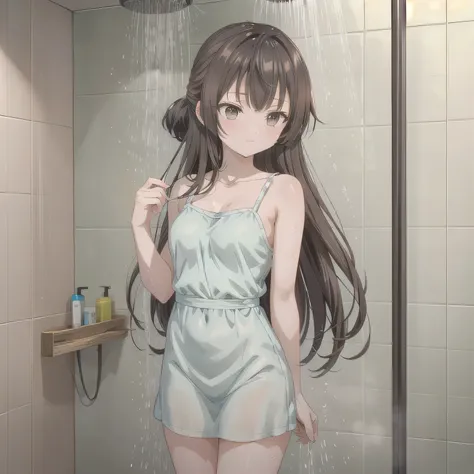 She is taking a shower in the shower room. She is facing away from me. She has small breasts. Brown hair, long hair, brown eyes.