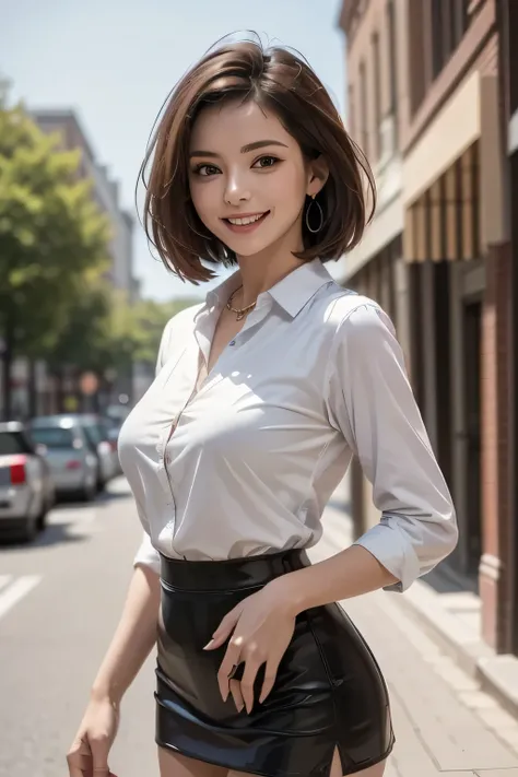 (masterpiece, Highest Quality, high resolution, surreal, Perfect Pixels, Realistic, 4K), 1girl, solo, Beautiful face, Mature Woman, dark brown eyes, Lashes, Realistic eyes, grin, perfect teeth, perfect body, Necklace, big breasts, ((red collared shirt, b...