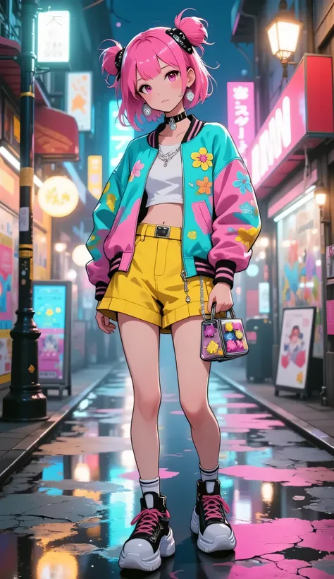 A stylish anime girl with short bright pink hair in twin buns, decorated with cute hair clips and accessories, standing confidently on a rainy Japanese street at night, surrounded by glowing neon signs, holographic ads, and colorful shop lights in a cyberp...