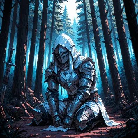 1 man with a slim build. young adult. Full fantasy clothing. Dexterous build. Clothing with a mix of cloth, pelt cloth clothing and silver armour. warn down and weathered. battle warn. Full metal Helmet hidden inder hood. light metal greeves. light metal g...
