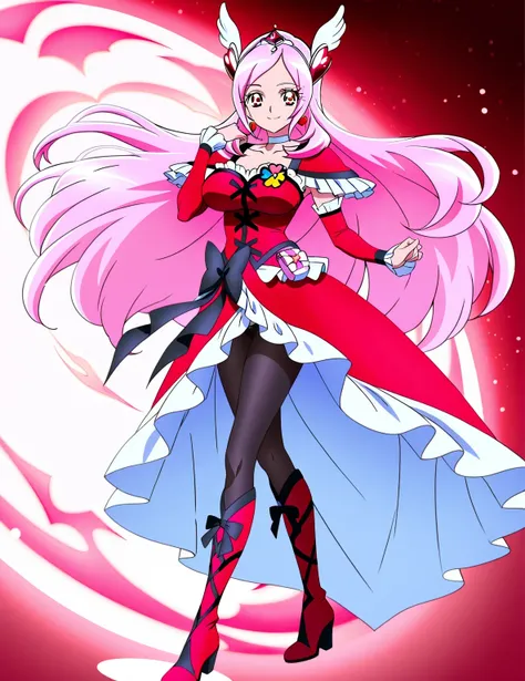 score 9 、score 8 up、score 7 up、source anime、masterpiece、best quality、best resolution、very detailed face、 very detailed 、very detailed details、anime coloring、1girl、cure passion、female character is wearing a red dress、beefcake standing、pink hair、floating hai...