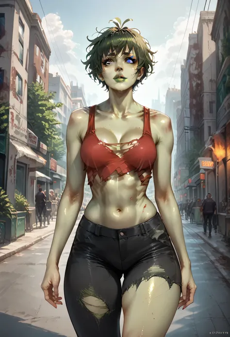 Perfect Face, Perfect Body, (Female Zombie, Colored Skin, Green Skin), Long White Messy Hair, Grey Thin Eyebrows, White Eyes, Nose, Green Lips, Collarbone, Cleavage, (Medium Breasts, Perfect Breasts), (Torn Clothes), Navel, Standing, (Thick Thighs:1.2), Bl...