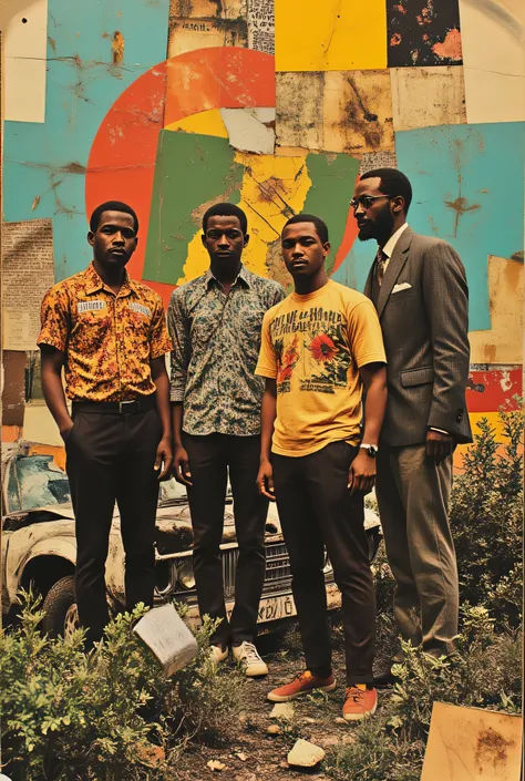 collage art, music symbols,  car crash scene, bushes, kenya in the 1960s, detailed portrait of  four kenyan men standing together one is a music producer he has detailed shirt written ian maina music,the other one is a black well shaved man in his shirt is...