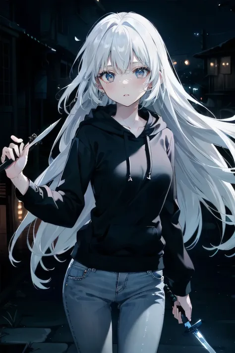 (masterpiece), (best quality), (ultra high resolution), (ultra detailed), High definition RAW color art, animation,sculpture, Silver Marble Skin, Ultra detailed elegant, finely detailed color, cenematic painting, ((holding dagger)), urban, ((night:2)), all...