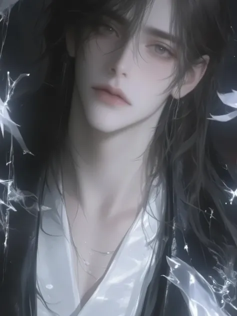a handsome man with long hair antique black hair,a handsome man with long hair, an ancient brunette in a fairy-looking white Hanfu, traditional Chinese clothing , Double eyelids,Japanese Manga Style,white hanbok