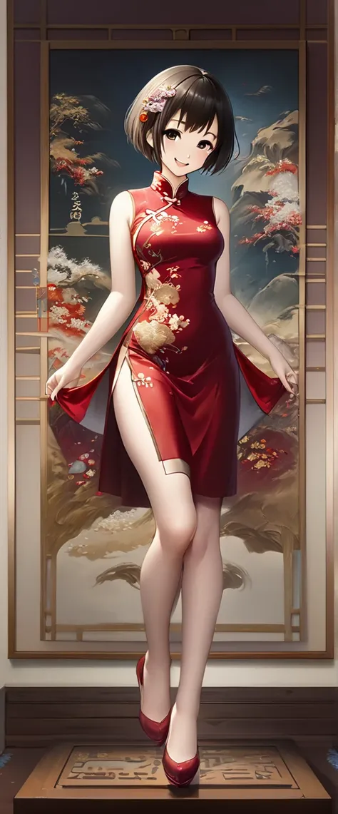 (( Top Quality)),( Ultra High Resolution),( is very detailed),( Detailed description ),(( Best CG )),( Best Art ), Ultra Precise Art, amazing painting art,Full body front view、cheongsam top+Pleated skirt，short hair，Smile happily，Hands are more amazing than...