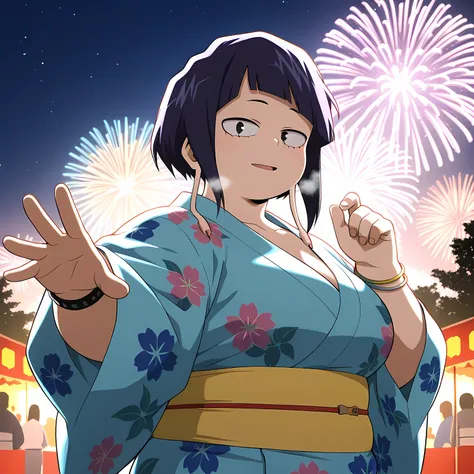 high resolution picture, masterpiece, best quality, amazing quality, official art, Kyoka Jiro from My Hero Academia ,1girl, illujiro, short hair, bangs, long earlobes, purple hair, black hair, black eyes, small breasts, (flat colors, pastel colors) ...