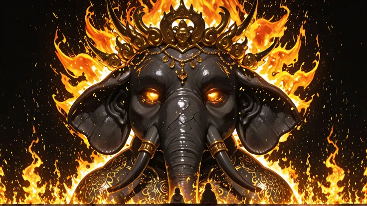 Ayutthaya Period、in Ancient Thailand, Feelings Exist, Green Aurora Bursts Out of Eyes, Warrior Spirit, Giant elephant, Black Elephant, War Elephant, Asian, This golden water flows out of the eyes, light of golden flame covers the eyes, Two ivory rings wear...