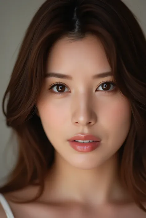 expressionless, looking at viewer, real life, raw photo, a photo of hikarunagi focus on face and closed up, hikarunagi, brown eyes, beatiful eyes and reflective eyes, mature female, milf, closed up face, forehead, 