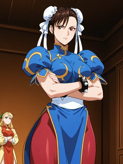 obra-prima, melhor qualidade, mangas, absurdos, highres, olhos detalhados, bonito, detailed description, olhos perfeitos, anime coloring, Anime screenshot, anos 1990 \(estilo\), 1 menina, only, adult female, Chun-Li, cabelo castanho, franja, cabelo curto, ...