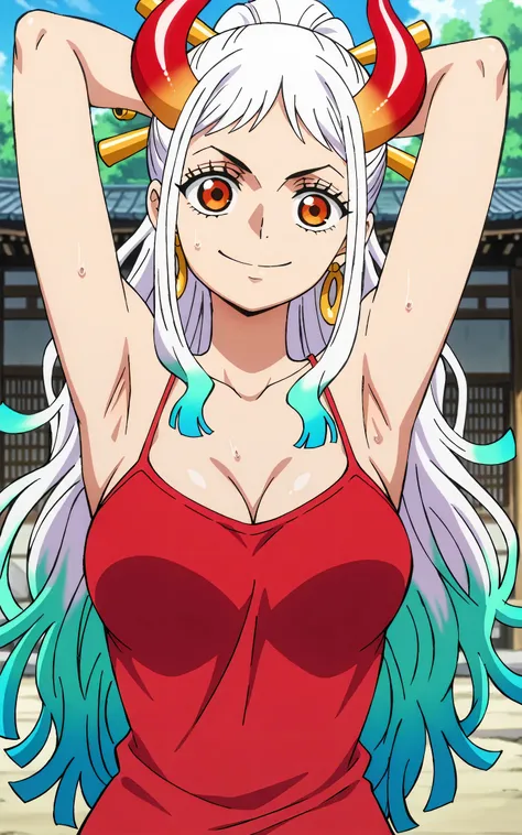 masterpiece, best quality, amazing quality, light source in front, anime screencap, anime coloring, 1girl, solo, yamato, long hair, ponytail, multicolored hair, white hair, aqua hair, orange eyes, medium breasts, earrings, horns, colored horns, hair stick,...