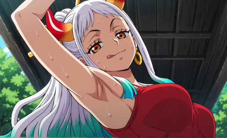 masterpiece, best quality, amazing quality, light source in front, anime screencap, anime coloring, 1girl, solo, yamato, long hair, ponytail, multicolored hair, white hair, aqua hair, orange eyes, medium breasts, earrings, horns, colored horns, hair stick,...