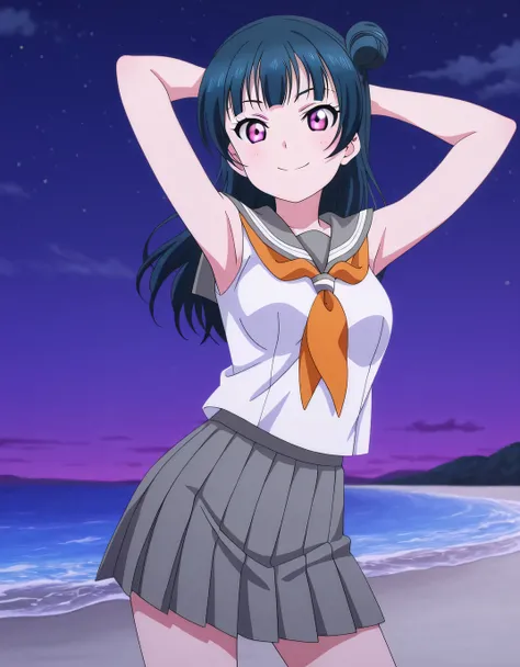 yoshiko tsushima, long hair, bangs, blue hair, pink eyes, hair bun, single hair bun, single side bun, medium breasts, anime screencap, shirt, white shirt, serafuku, neckerchief, orange neckerchief, sleeveless, skirt, pleated skirt, grey skirt, high quality...
