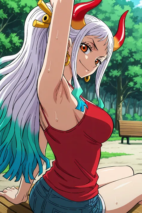 masterpiece, best quality, amazing quality, light source in front, anime screencap, anime coloring, 1girl, solo, yamato, long hair, ponytail, multicolored hair, white hair, aqua hair, orange eyes, medium breasts, earrings, horns, colored horns, hair stick,...