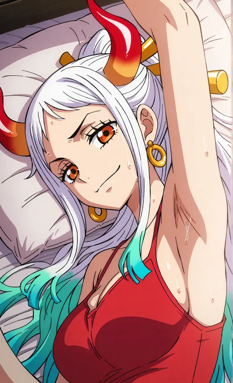 masterpiece, best quality, amazing quality, light source in front, anime screencap, anime coloring, 1girl, solo, yamato, long hair, ponytail, multicolored hair, white hair, aqua hair, orange eyes, medium breasts, earrings, horns, colored horns, hair stick,...