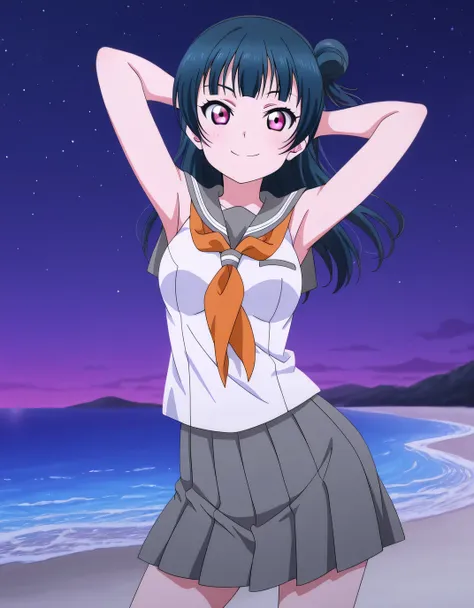 yoshiko tsushima, long hair, bangs, blue hair, pink eyes, hair bun, single hair bun, single side bun, medium breasts, anime screencap, shirt, white shirt, serafuku, neckerchief, orange neckerchief, sleeveless, skirt, pleated skirt, grey skirt, high quality...