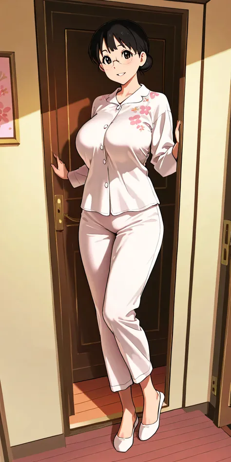 Masterpiece, newest, vibrant, very aesthetic, high contrast, mature woman, tamako nobi\(doraemon\), bun hair, glasses, tall, big breast, white pajamas with floral motif, full body, parted lips, smile, front of the door, best quality, semrealistic, fullmet...