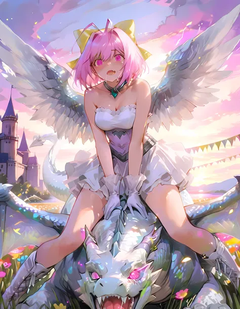 748cmstyle, detailedanimegirl, A pink-haired human girl wearing a yellow hair bow riding mutant dragon, BREAK ,1 pink-haired human girl wearing a yellow hair bow, alone, {kanon nakagawa | nakagawa kanon}, {Anatomically accurate hot pink eyes}, {pink eyes},...
