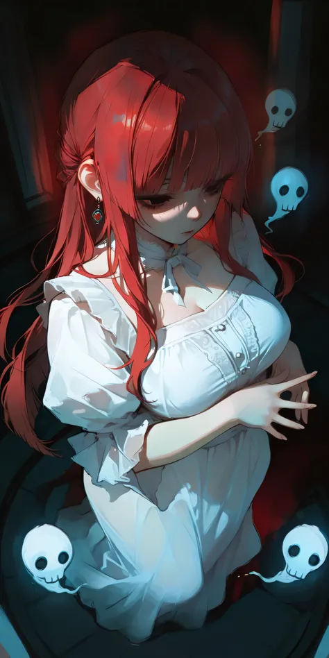 1girl, beautiful girl, cherry red hair, black eyes, hime cut hair style, dress, Floating, horror, ghost, (zoom face:1.0), (view from Above:1.5 ), (perfect hands:1.0), (masterpiece:1.3), (Small slender fingers:1.0), (aesthetic lighting:1.3), earrings, large...