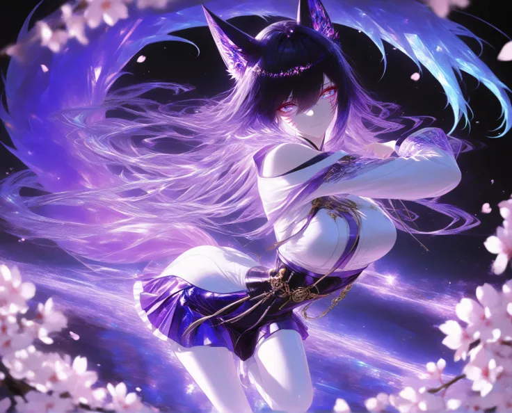 1 woman, sharp purple eyes , multicolored eyes , hair between eyes , long side bangs , black hair with fine purple strands , very long hair , medium breasts , cool, beautiful,
Solo, full Body, (dynamic angle), hazy lights, subdued lighting, blurred figur...