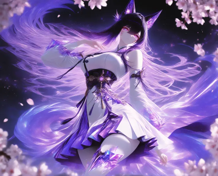 1 woman, sharp purple eyes , multicolored eyes , hair between eyes , long side bangs , black hair with fine purple strands , very long hair , medium breasts , cool, beautiful,
Solo, full Body, (dynamic angle), hazy lights, subdued lighting, blurred figur...