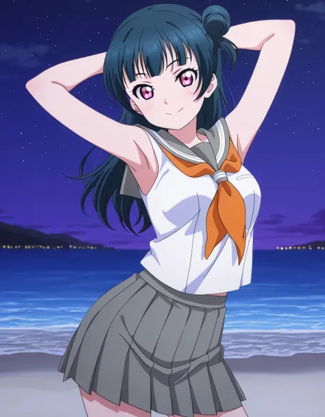 yoshiko tsushima, long hair, bangs, blue hair, pink eyes, hair bun, single hair bun, single side bun, medium breasts, anime screencap, shirt, white shirt, serafuku, neckerchief, orange neckerchief, sleeveless, skirt, pleated skirt, grey skirt, high quality...