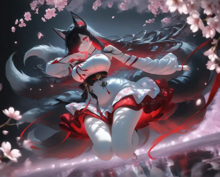 1girl, Kuroki Monika, black hair, very long hair, hair over right eye, red eyes, large breasts, (petite but curvy, very cute),
Solo, full Body, (dynamic angle), hazy lights, subdued lighting, blurred figures, dark background , Sakura, (cherry blossoms),...