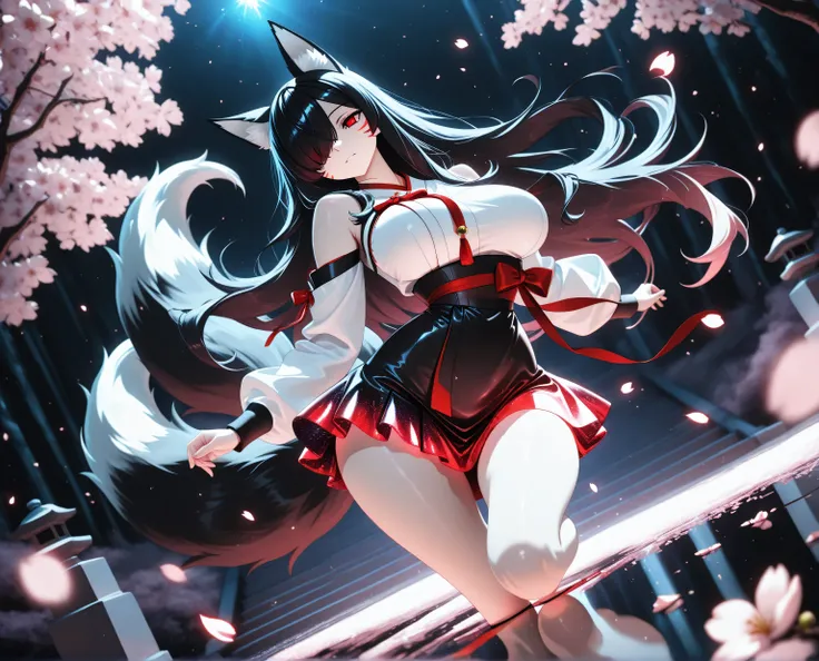 1girl, Kuroki Monika, black hair, very long hair, hair over right eye, red eyes, large breasts, (petite but curvy, very cute),
Solo, full Body, (dynamic angle), hazy lights, subdued lighting, blurred figures, dark background , Sakura, (cherry blossoms),...