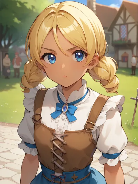 score_9, score_8_up, score_7_up, Source_Anime, nsfw，This is a young girl from JS，rural girl baby face with medieval village background，cute face，tanned skin，Blonde，men, serious look,  medieval attire，medieval village with background，sunny day，glitter，fishe...