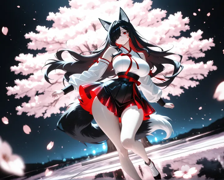 1girl, Kuroki Monika, black hair, very long hair, hair over right eye, red eyes, large breasts, (petite but curvy, very cute),
Solo, full Body, (dynamic angle), hazy lights, subdued lighting, blurred figures, dark background , Sakura, (cherry blossoms),...