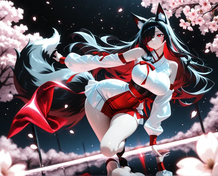 1girl, Kuroki Monika, black hair, very long hair, hair over right eye, red eyes, large breasts, (petite but curvy, very cute),
Solo, full Body, (dynamic angle), hazy lights, subdued lighting, blurred figures, dark background , Sakura, (cherry blossoms),...