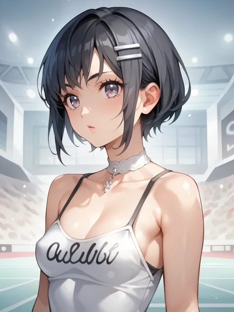 score_9, score_8_up, score_7_up, Source_Anime, nsfw，"Super realistic girl , Disheveled black hair with short bangs, soft white skin, wearing a tight dark gray spaghetti strap dress，small breasts，people々standing in front of the stadium ground，calm and mysti...