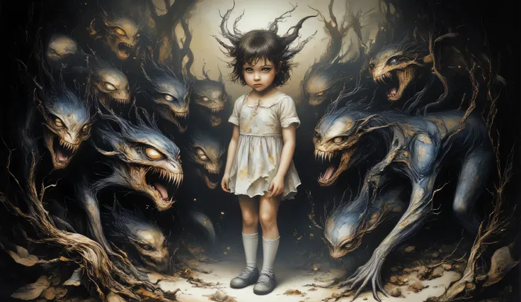 An intricate mixed media artwork depicting a surreal scene of a young girl surrounded by a swarm of malevolent, anthropomorphic creatures, each with distorted features and sharp teeth, portraying the unsettling blend of innocence and horror, in the style o...