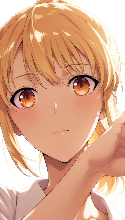 anime girl, yellow hair, ponytail, bright orange eyes, confident strong expression, one hand behind head pose, soft lighting, clean background, anime art style, detailed shading, medium shot, soft lighting, cool charming atmosphere