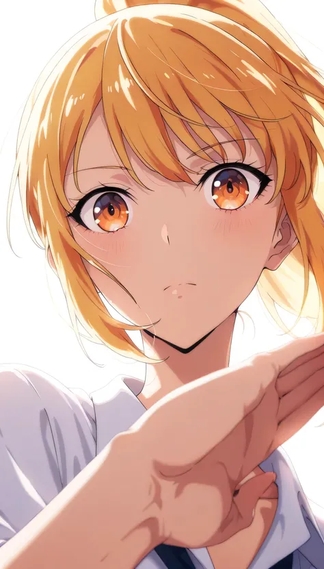 anime girl, yellow hair, ponytail, bright orange eyes, confident strong expression, one hand behind head pose, soft lighting, clean background, anime art style, detailed shading, medium shot, soft lighting, cool charming atmosphere, fish eye perspective vi...