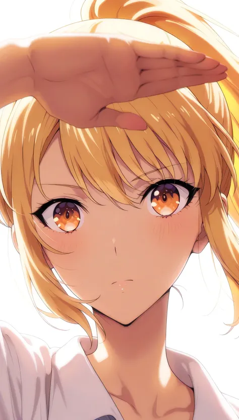 anime girl, yellow hair, ponytail, bright orange eyes, confident strong expression, one hand behind head pose, soft lighting, clean background, anime art style, detailed shading, medium shot, soft lighting, cool charming atmosphere, fish eye perspective vi...