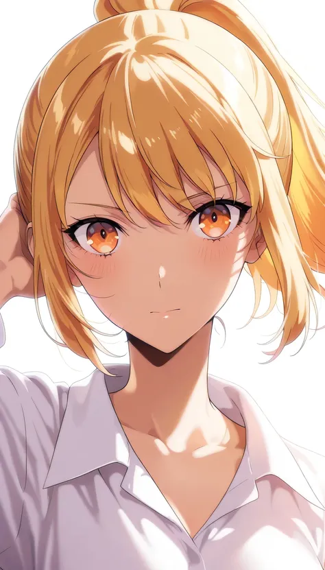anime girl, yellow hair, ponytail, bright orange eyes, confident strong expression, one hand behind head pose, soft lighting, clean background, anime art style, detailed shading, medium shot, soft lighting, cool charming atmosphere, fish eye perspective vi...