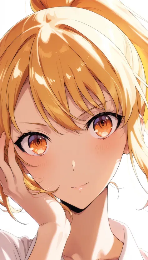 anime girl, yellow hair, ponytail, bright orange eyes, confident strong expression, one hand behind head pose, soft lighting, clean background, anime art style, detailed shading, medium shot, soft lighting, cool charming atmosphere, fish eye perspective vi...