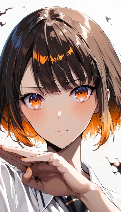 anime girl, ((hae-in cha)), bright orange eyes, confident strong expression, one hand behind head pose, soft lighting, clean background, anime art style, detailed shading, medium shot, soft lighting, cool charming atmosphere, fish eye perspective view,, bl...