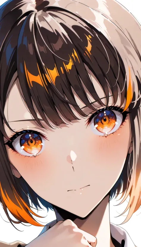 anime girl, ((hae-in cha)), bright orange eyes, confident strong expression, one hand behind head pose, soft lighting, clean background, anime art style, detailed shading, medium shot, soft lighting, cool charming atmosphere, fish eye perspective view,, bl...