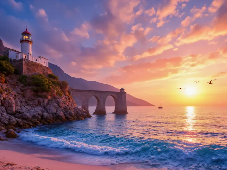"A breathtaking seascape at sunset, with the sky painted in vibrant shades of orange, pink and purple reflected in the calm waters of the ocean. Soft waves caress a beach of white sand, dotted with smooth rocks and shells. on the left, , a white lighthouse...