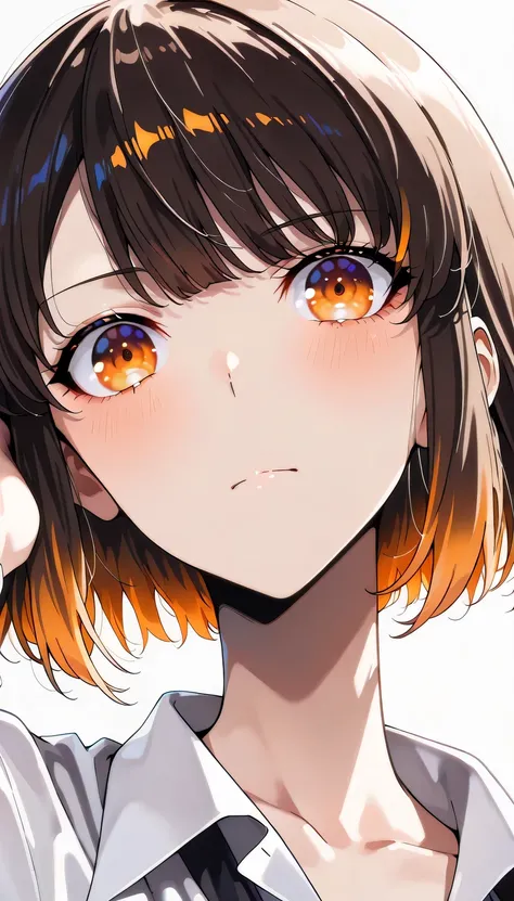 anime girl, ((hae-in cha)), bright orange eyes, confident strong expression, one hand behind head pose, soft lighting, clean background, anime art style, detailed shading, medium shot, soft lighting, cool charming atmosphere, fish eye perspective view,, bl...