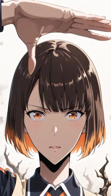 anime girl, ((hae-in cha)), bright orange eyes, confident strong expression, one hand behind head pose, soft lighting, clean background, anime art style, detailed shading, medium shot, soft lighting, cool charming atmosphere, fish eye perspective view,, bl...