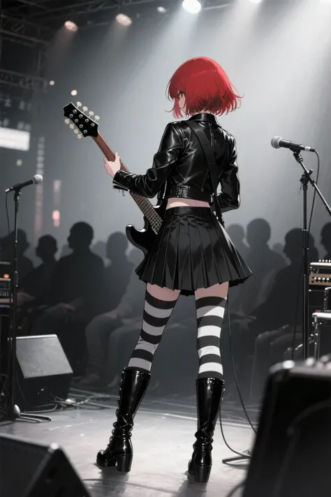 The back of a rock girl, her face hidden, playing guitar intensely, red hair, airy medium bob, rock-style black leather jacket, black mini pleated skirt, black and white horizontal striped stockings, absolute domain, black leather long boots, narrow live v...