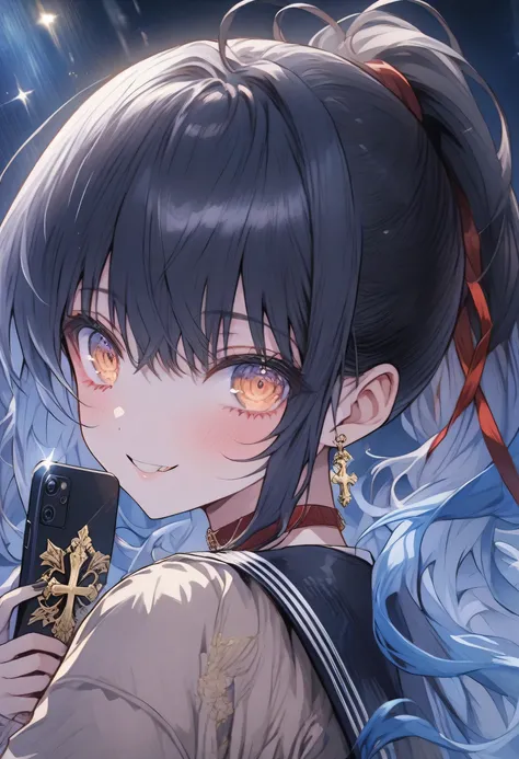 young woman with blue hair in a tall ponytail、A mischievous smile with shining brown eyes（One corner of the mouth rises lightly、her eyes are narrowed and shines brightly、An expression that mixes innocence and cunning、Slight redness on the cheeks、challengin...
