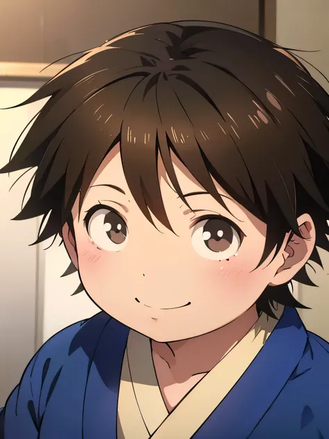 a painting portrait of boy ((smiling)) in manhwa style, [Haruyuki Arita] is a  boy from [Accel World] that has brown short hair in spiky hair style, ((black eyes)), ((spring)), warm day, ((BLACK EYES)), ((ager)), (fat), ((kimono), dutch angle